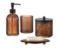 4PCs Heavy Weight Decent Glass Bathroom Accessories Set with Decorative Pressed Pattern - Includes Hand Soap Dispenser & Tumbler & Soap Dish & Toothbrush Holder (Brown)