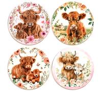 4Pcs Highland Cow Coasters, Wooden Coasters with Animal & Floral, Country Style Coaster Set for Living Room, Dining Room and Office, Highland Cow Gifts for Friends, Neighbors and Colleagues