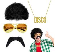 4PCS Hippie Costume Set with Wig Beard Glasses Necklace 60s 70s Hippy Fancy Dress Mens Accessories African Hippie Wig Suitable for Halloween Carnival Theme Party Role Play
