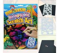 4Pcs Holographic Scratch Art Set for Kids 5+ Years, Dinosaur Scratch Sheets 21cm with Wooden Pencil & Stencil, Creative Arts Crafts Supplies Birthday Gift Educational Toy