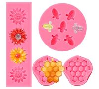 4PCS Honeycomb Mold Silicone Honey Comb Sunflower and Bumble Bee Fondant Molds Kit, Beehive Baking Chocolate Molds for Cupcake Party Wedding Cake Crafts Decorating DIY Candy Cookies Crafting(Pink)
