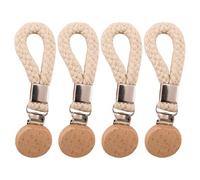 4Pcs Household Hanging Tea Towel Clips, Multi Purpose Woven Beige Cotton Rope with Small Round Wood Beach Towel Clips Suitable for Kitchen and Bathroom Sturdy Hanging Clip Cloth Storage