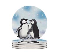 4PCS I Love Penguins Coasters Non-Slip Round Drink Coasters with Ceramic Stone and Cork Base, Heat Resistant Absorbent 33.00Stone Coaster Set for Kinds of Mugs and Cups, 4 Inch