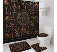 4Pcs Industrial Steampunk Shower Curtain Set, Black Copper Gear Bath Mat Rugs Accessories for Bathroom Decor, Modern Waterproof Fabric Shower Curtain with Hooks 72x72 Inch