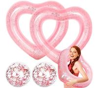 4Pcs Inflatable Heart Pool Float with Beach Ball Glitter Inside Rose Gold Swim Heart Shaped Pool Rings Float Loungers Tube for Summer Swimming Beach, 47.3 x 39.4 Inch