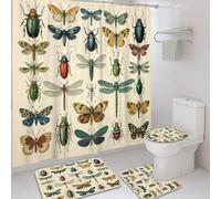 4pcs Insect Shower Curtain Set, Cream Green Bug Bath Mat Rugs Accessories for Bathroom Decor, Spring Vintage Waterproof Fabric Shower Curtain Set with Hooks 72x72 Inch