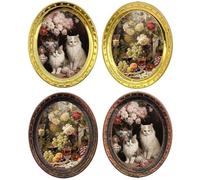 4PCS Iron Miniature Picture Frame Cats And Flower Design Oil Painting Photo Frame Realistic 1/12 Doll House Wall Art Doll House Accessories