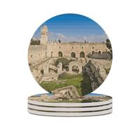 4PCS Israel at The Tower of David Coasters Non-Slip Round Drink Coasters with Ceramic Stone and Cork Base, Heat Resistant Absorbent 33.00Stone Coaster Set for Kinds of Mugs and Cups, 4 Inch