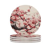 4PCS Japanese Floral Cherry Blossom Coasters Non-Slip Round Drink Coasters with Ceramic Stone and Cork Base, Heat Resistant Absorbent 33.00Stone Coaster Set for Kinds of Mugs and Cups, 4 Inch