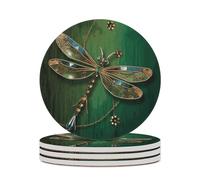 4PCS Jewel Dragonfly Coasters Non-Slip Round Drink Coasters with Ceramic Stone and Cork Base, Heat Resistant Absorbent 33.00Stone Coaster Set for Kinds of Mugs and Cups, 4 Inch