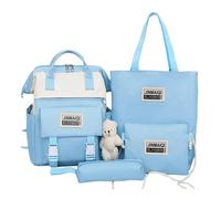 4Pcs Kawaii Cute Backpacks Combo Set with Bear Pendant Back To School Supplies Aesthetic Anime Canvas Schoolbag Daypack Bag, Blue, L