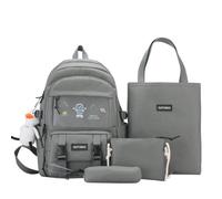 4Pcs Kawaii Cute Backpacks Combo Set with Duck Pendant - Back To School Supplies Anime Astronaut Daypack Bag Kit, Grey, L