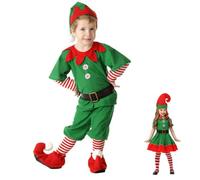4PCS Kids Christmas Elf Costume Set for Family Xmas Party, Short Sleeve Santa Dress+ Pants + Hat+ Belt, Santa's Cosplay Sets Christmas Elf Outfit for Holiday Carnival Halloween Party Dress