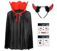 4Pcs Kids Dracula Cape Set, Black Vampire Cape with Red Collar with Devil Headband Tattoo Sticker, Vampire Costume for Boys Girls Carnival World Book Day Halloween Role Play