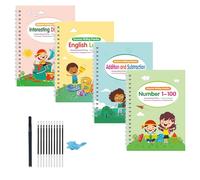 4Pcs Kids Magical Grooved Handwriting Book Includes Letter Number Art Drawing Mathematical Operations for Preschooler Fine Motor Skills Training Copybook