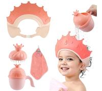 4PCS Kids Shower Cap and Bath Rinse Cup Set, Adjustable Hair Washing Shield for Toddlers and Babies 6 Months to 9 Years, Include Shower Cap, Rinse Cup, Shampoo Brush and Strawberry Towel