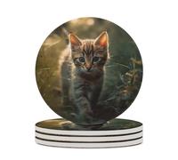 4PCS Kitten Walking on The Grass Coasters Non-Slip Round Drink Coasters with Ceramic Stone and Cork Base, Heat Resistant Absorbent 33.00Stone Coaster Set for Kinds of Mugs and Cups, 4 Inch