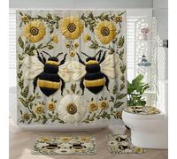 4PCS Knitting Style Bee Shower Curtain 72''x72'' with Hooks, Bathroom Accessory Sets with Bath Mat, U Shape and Toilet Lid Cover Mat, Vintage Florals Insect Home Bath Fabric Decor