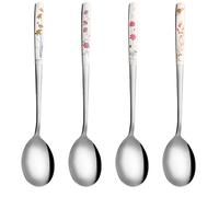 4PCS Korean Spoons with Long Handles 18/8 Stainless Steel Korean Soup Spoon Flowers Asian Soup Spoon for Dinner Rice Coffee Desserts Ice Cream Dishwasher Safe(8 Inch)