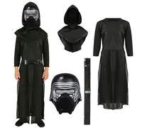 4PCS Kylo Ren Costume Kids Boys Halloween Cosplay Outfits Fancy Dress | Black Robe, Plastic Mask, Hooded Cowl, Velcro Belt, Back Zipper, Pleated Sleeves, Gauze Lens, Elastic Back Strap, 5-12Y