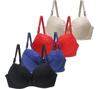 4PCS Ladies Underwired Bras for Women UK Push up Support Bras for Large Breasts Comfort Older Womens Plus Size Adjustable Shoulder Strap Underwear Sexy Lace Bra Lingerie White Women's Everyday Bra