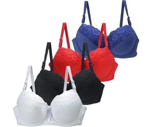 4PCS Ladies Underwired Bras for Women UK Push up Support Bras for Large Breasts Comfort Older Womens Plus Size Adjustable Shoulder Strap Underwear Sexy Lace Bra Lingerie White Women's Everyday Bra