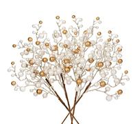 4pcs Large Christmas Berry Stem Glitter Artificial Berries Picks 48cm Artificial Fruits Picks White Gold Berry Branches for Christmas Tree Decorations Floral Arrangement Filler for Home Wedding