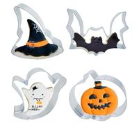 4PCS Large Halloween Cookie Cutters, Stainless Steel Metal Molds Pumpkin, Bat, Ghost, Wich's Hat Cookie Cutters with Decorating Instructions