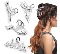 4PCS Large Silver Hair Grab Clip, Simple Stylish Elegant Geometric Silver Metal Bath Clip, Non Slip for Fine Thick Hair, Multi Shape Hair Styling Accessories for Women and Girls