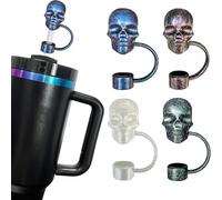 4Pcs Laser Skull Straw Topper, Halloween Straw Cover Cap for 30&40 Oz Tumbler, 3D Skull Reusable Drinking Straws Caps Stanley Cup Accessories Halloween Gifts