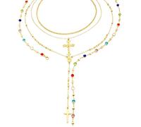 4Pcs Layered Gold Necklaces for Women,Elegant Bohemian Necklace Set with Colorful Rhinestone Rosary Beads & Cross Vintage Y Pendant Long Necklaces Adjustable Fashion Costume Jewellery Gifts for Women