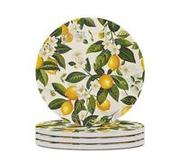 4PCS Lemons and Flowers Coasters Non-Slip Round Drink Coasters with Ceramic Stone and Cork Base, Heat Resistant Absorbent 33.00Stone Coaster Set for Kinds of Mugs and Cups, 4 Inch