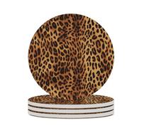 4PCS Leopard Print Coasters Non-Slip Round Drink Coasters with Ceramic Stone and Cork Base, Heat Resistant Absorbent 33.00Stone Coaster Set for Kinds of Mugs and Cups, 4 Inch