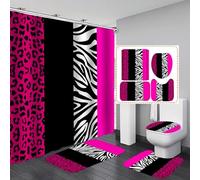 4PCS Leopard Print Shower Curtain Set with Rug, Toilet Lid Cover and Bath Mat, Pink Black Splice Shower Curtain with 12 Hooks, Shower Curtain for Bathroom Decor Set