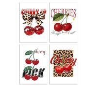 4Pcs Leopard Print Wall Art, Canvas Cherry Posters for Bedroom, Leopard Print Wallpaper for Girls, Unframed Aesthetic Room Decor for Bedroom Living Room Bar Cafe