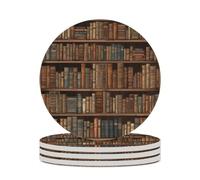 4PCS Library Bookshelf Book Coasters Non-Slip Round Drink Coasters with Ceramic Stone and Cork Base, Heat Resistant Absorbent 33.00Stone Coaster Set for Kinds of Mugs and Cups, 4 Inch
