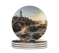 4PCS Lighthouse Rocks Seaside Coasters Non-Slip Round Drink Coasters with Ceramic Stone and Cork Base, Heat Resistant Absorbent 33.00Stone Coaster Set for Kinds of Mugs and Cups, 4 Inch
