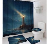 4Pcs Lighthouse Shower Curtain Set, Navy Blue Ocean Bath Mat Rugs Accessories for Bathroom Decor, Modern Nautical Waterproof Fabric Shower Curtain Set with Hooks 72x72 Inch