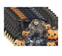 4PCS Linen Placemats Set Funny Halloween Decor Witch Place Mats for Dining Table 18x12 in Heat-Resistant Placemats Farmhouse Washable Linen Woven Table Mat for Kitchen Table Dining Decor