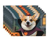 4PCS Linen Placemats Set Halloween Corgi Dog Witch Place Mats for Dining Table 18x12 in Heat-Resistant Placemats Farmhouse Washable Linen Woven Table Mat for Kitchen Table Dining Decor