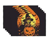 4PCS Linen Placemats Set Halloween Pumpkin Witch Place Mats for Dining Table 18x12 in Heat-Resistant Placemats Farmhouse Washable Linen Woven Table Mat for Kitchen Table Dining Decor
