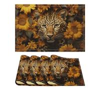 4PCS Linen Table Placemats 12x18 Inch, Rectangle Heat Resistant & Non-Slip Table Mats, Leopard and Sunflower Place Mats for Kitchen, Office, Party Decor