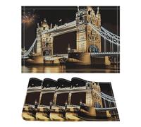 4PCS Linen Table Placemats 12x18 Inch, Rectangle Heat Resistant & Non-Slip Table Mats, Night London Tower Bridge Place Mats for Kitchen, Office, Party Decor