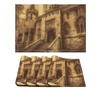 4PCS Linen Table Placemats 12x18 Inch, Rectangle Heat Resistant & Non-Slip Table Mats, Vintage Medieval Castle Place Mats for Kitchen, Office, Party Decor