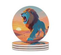 4PCS Lions in The Desert Coasters Non-Slip Round Drink Coasters with Ceramic Stone and Cork Base, Heat Resistant Absorbent 33.00Stone Coaster Set for Kinds of Mugs and Cups, 4 Inch