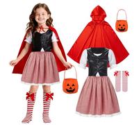 4PCS Little Red Riding Hood Costume Adult Kids Red Cape Dress Fancy Princess Cosplay Halloween Outfit (Kids, Small-110)