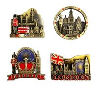 4PCS London Fridge Magnets Set - 3D Metal British Souvenirs, Double-Decker Bus, Tower Bridge, Union Jack, London Icons Decorative Kitchen Magnets, England Souvenirs Gifts for Friends & Family - Bronze