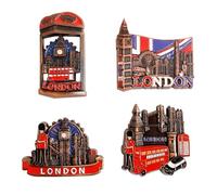 4PCS London Fridge Magnets Set - 3D Metal British Souvenirs, Double-Decker Bus, Tower Bridge, Union Jack, London Icons Decorative Kitchen Magnets, England Souvenirs Gifts for Friends & Family - Brass