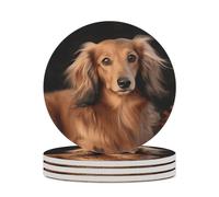 4PCS Long Haired Dachshund Coasters Non-Slip Round Drink Coasters with Ceramic Stone and Cork Base, Heat Resistant Absorbent 33.00Stone Coaster Set for Kinds of Mugs and Cups, 4 Inch