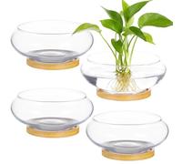 4PCS Lotus Bowl Planter with Wood Tray, 6 Inch Round Glass Vase for Hydroponics, Glass Fish Bowl, Bowl Planter for Plants Indoor Windowsill, Home Decor (4PCS)